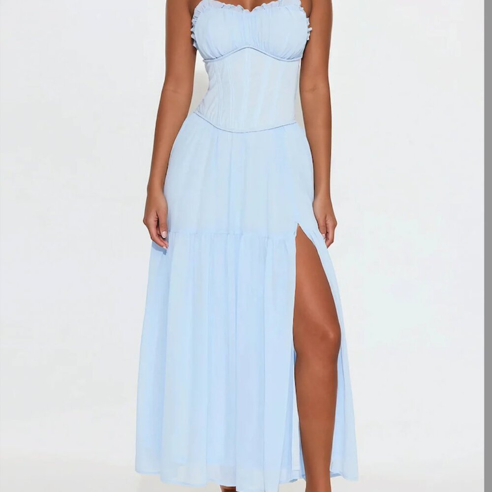 Fashion Nova Chiffon Corset Maxi Dress - Light Blue